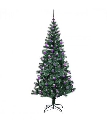 vidaXL Artificial Pre-lit Christmas Tree Green 210 cm PVC and Metal — Model: with leds &lilac balls