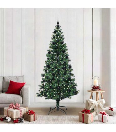 vidaXL Artificial Pre-lit Christmas Tree Green 210 cm PVC and Metal — Model: with leds &black balls