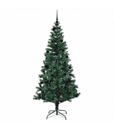 vidaXL Artificial Pre-lit Christmas Tree Green 210 cm PVC and Metal — Model: with leds &black balls