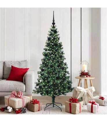 vidaXL Artificial Pre-lit Christmas Tree Green 180 cm PVC and Metal — Model: with leds &black balls
