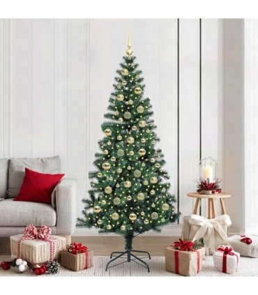 vidaXL Artificial Pre-lit Christmas Tree Green 210 cm PVC and Metal — Model: with leds &gold balls