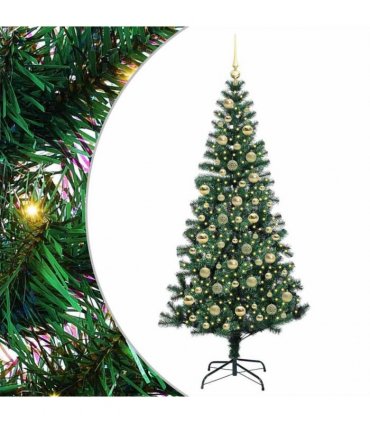vidaXL Artificial Pre-lit Christmas Tree Green 210 cm PVC and Metal — Model: with leds &gold balls