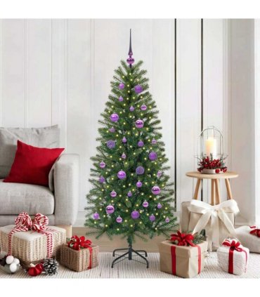 vidaXL Artificial Christmas Tree with 150 LEDs Green 150 cm PE and PVC — Model: with LEDs &lilac balls