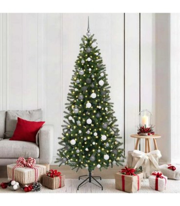 vidaXL Artificial Christmas Tree with 300 LEDs Green 210 cm PE and PVC — Model: with LEDs &white/grey balls
