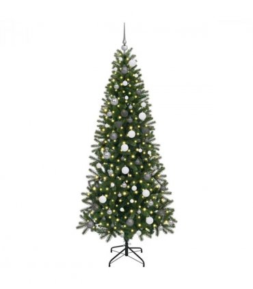 vidaXL Artificial Christmas Tree with 300 LEDs Green 210 cm PE and PVC — Model: with LEDs &white/grey balls