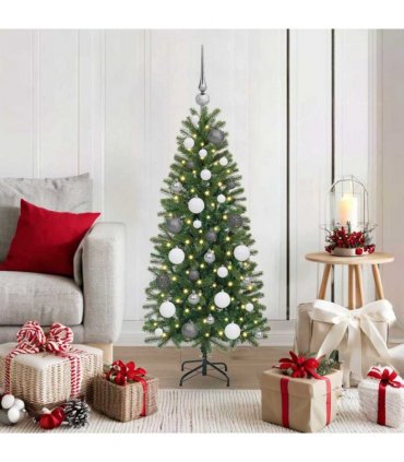 vidaXL Artificial Christmas Tree with 150 LEDs Green 120 cm PE and PVC — Model: with LEDs &white/grey balls