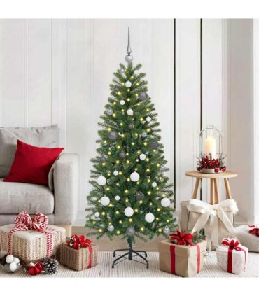 vidaXL Artificial Christmas Tree with 150 LEDs Green 150 cm PE and PVC — Model: with LEDs &white/grey balls