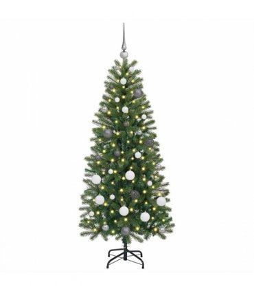 vidaXL Artificial Christmas Tree with 150 LEDs Green 150 cm PE and PVC — Model: with LEDs &white/grey balls