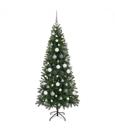 vidaXL Artificial Christmas Tree with 300 LEDs Green 180 cm PE and PVC — Model: with LEDs &white/grey balls