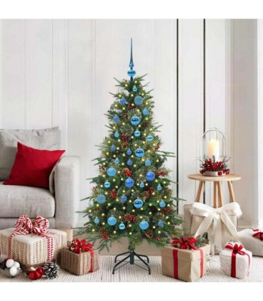 vidaXL Artificial Hinged Christmas Tree Green 150 cm PE and PVC — Model: with LEDs &blue balls