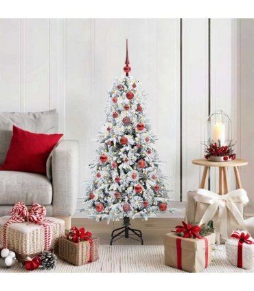 vidaXL Artificial Hinged Christmas Tree White 120 cm PE and PVC — Colour: Green and white, Model: with LEDs &red balls