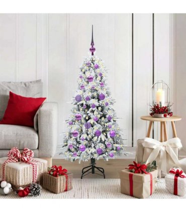 vidaXL Artificial Hinged Christmas Tree White 120 cm PE and PVC — Colour: Green and white, Model: with LEDs &lilac balls
