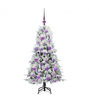 vidaXL Artificial Hinged Christmas Tree White 120 cm PE and PVC — Colour: Green and white, Model: with LEDs &lilac balls