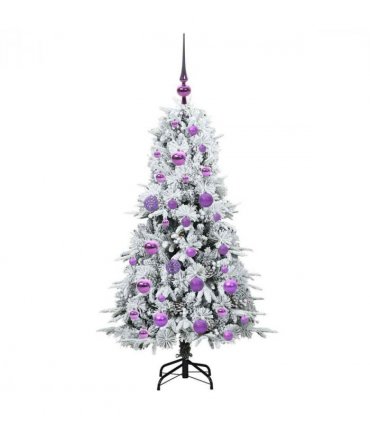 vidaXL Artificial Hinged Christmas Tree White 120 cm PE and PVC — Colour: Green and white, Model: with LEDs &lilac balls