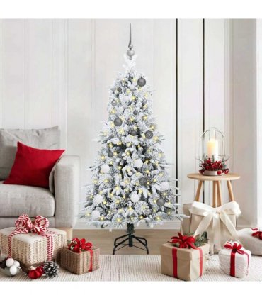 vidaXL Artificial Hinged Christmas Tree White 150 cm PE and PVC — Colour: Green and white, Model: with LEDs &white/grey balls