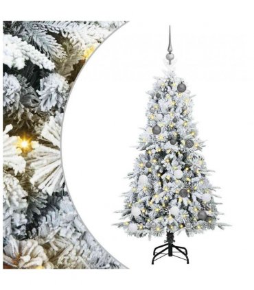 vidaXL Artificial Hinged Christmas Tree White 150 cm PE and PVC — Colour: Green and white, Model: with LEDs &white/grey balls
