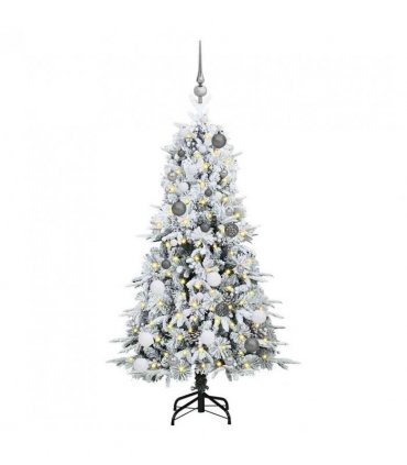 vidaXL Artificial Hinged Christmas Tree White 150 cm PE and PVC — Colour: Green and white, Model: with LEDs &white/grey balls