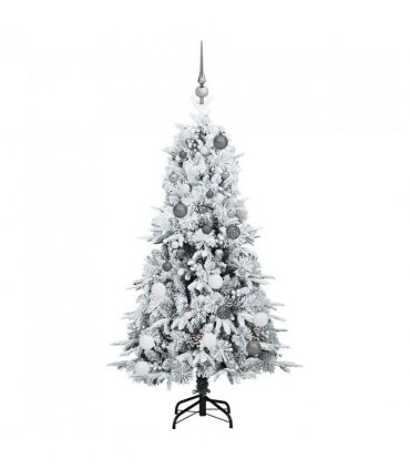 vidaXL Artificial Hinged Christmas Tree White 150 cm PE and PVC — Colour: Green and white, Model: with LEDs &white/grey balls