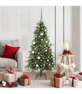vidaXL Artificial Hinged Christmas Tree Green 150 cm PE and PVC — Model: with LEDs &white/grey balls