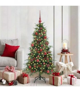 vidaXL Artificial Hinged Christmas Tree Green 150 cm PE and PVC — Model: with LEDs &red balls