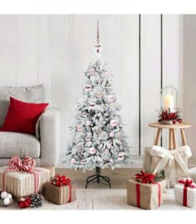 vidaXL Artificial Hinged Christmas Tree White 120 cm PE and PVC — Colour: Green and white, Model: with LEDs &pink balls