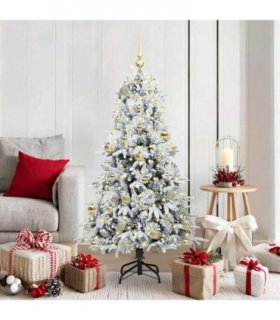vidaXL Artificial Hinged Christmas Tree White 150 cm PE and PVC — Colour: Green and white, Model: with LEDs &gold balls