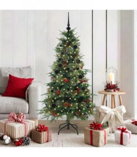 vidaXL Artificial Hinged Christmas Tree Green 150 cm PE and PVC — Model: with LEDs &black balls