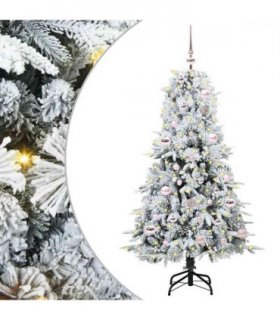 vidaXL Artificial Hinged Christmas Tree White 150 cm PE and PVC — Colour: Green and white, Model: with LEDs &pink balls