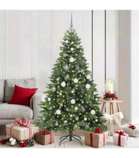 vidaXL Artificial Christmas Tree with 300 LEDs Green 180 cm PE and PVC — Model: with LEDs &white/grey balls — V0672002914