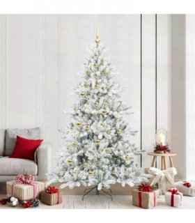 vidaXL Artificial Hinged Christmas Tree White 210 cm PVC and Steel — Model: with LEDs &gold balls