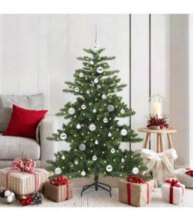 vidaXL Artificial Hinged Christmas Tree Green 150 cm PVC and Steel — Model: with LEDs &silver balls