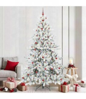vidaXL Artificial Hinged Christmas Tree White 240 cm PVC and Steel — Model: with LEDs &red balls