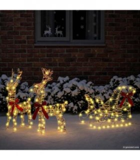 vidaXL Reindeer Pull Sleigh Warm White 30 x 12 x 54.5 cm PET