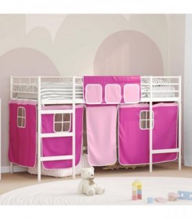 vidaXL Kids'Loft Bed Frame with Curtains White and Pink 90 x 190 cm