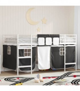 vidaXL Kids'Loft Bed Frame with Curtains White and Black 80 x 200 cm