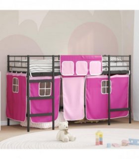 vidaXL Kids'Loft Bed Frame with Curtains Black and Pink 75 x 190 cm