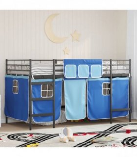 vidaXL Kids'Loft Bed Frame with Curtains Black and Blue 90 x 200 cm
