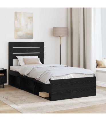 vidaXL Bed Frame with Headboard Black 90 x 190 cm Solid Pine Wood — Colour: Black oak