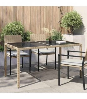 vidaXL Garden Table 150x90x75 cm Tempered Glass and Poly Rattan Beige — Size: 150 x 90 x 75 cm