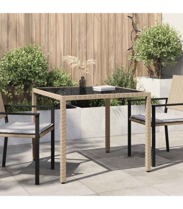 vidaXL Garden Table 90x90x75 cm Tempered Glass and Poly Rattan Beige — Size: 90 x 90 x 75 cm