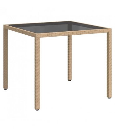 vidaXL Garden Table 90x90x75 cm Tempered Glass and Poly Rattan Beige — Size: 90 x 90 x 75 cm