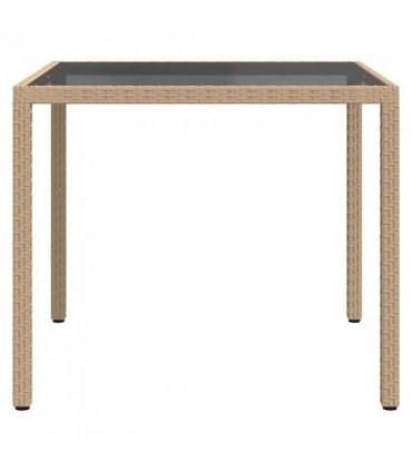 vidaXL Garden Table 90x90x75 cm Tempered Glass and Poly Rattan Beige — Size: 90 x 90 x 75 cm