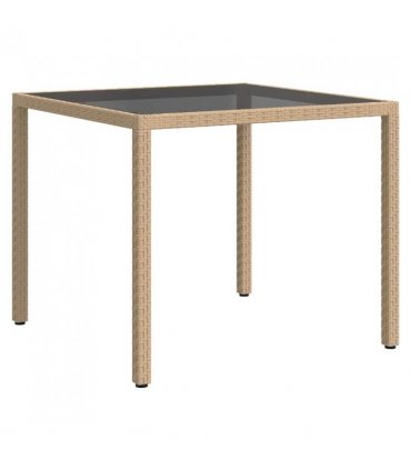 vidaXL Garden Table 90x90x75 cm Tempered Glass and Poly Rattan Beige — Size: 90 x 90 x 75 cm