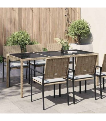 vidaXL Garden Table Beige 190x90x75 cm Tempered Glass and Poly Rattan