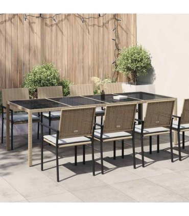 vidaXL Garden Table Beige 250x100x75 cm Tempered Glass and Poly Rattan