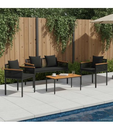 vidaXL Outdoor Furniture Set with Cushion 4 pcs Black Poly Rattan — Model: 1x bench +2x chair +1x table