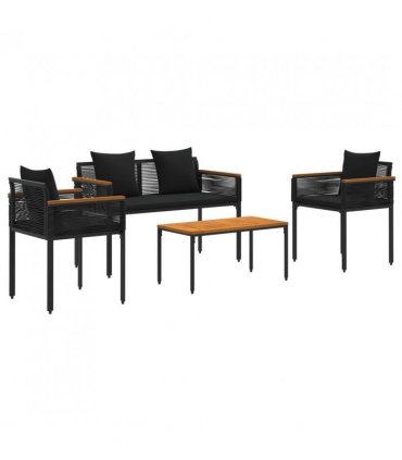 vidaXL Outdoor Furniture Set with Cushion 4 pcs Black Poly Rattan — Model: 1x bench +2x chair +1x table