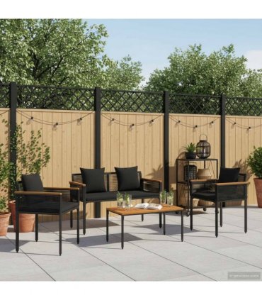 vidaXL Outdoor Furniture Set with Cushion 4 pcs Black Poly Rattan — Model: 1x bench +2x chair +1x table