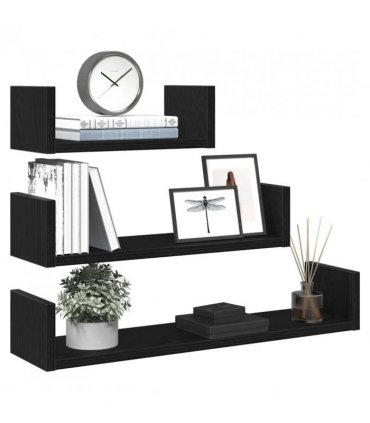 vidaXL Wall Shelves 3 pcs Black Oak Engineered Wood — Size: 60 x 15 x 10 cm