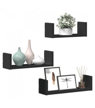 vidaXL Wall Shelf 3 pcs Black Engineered Wood — Size: 40 x 10 x 10.5 cm